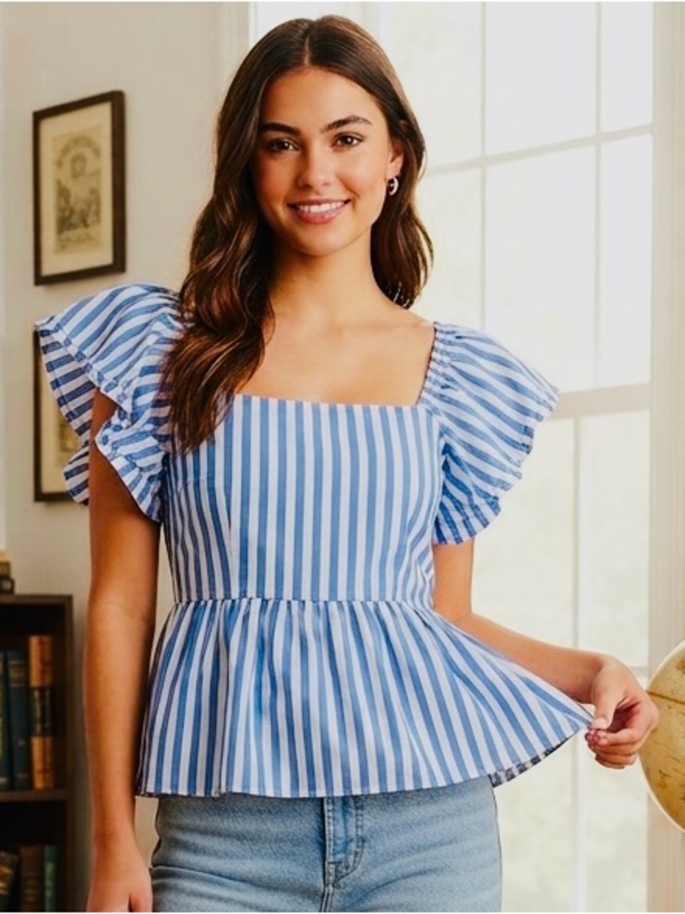 Old Navy Blue and White Striped Peplum Flutter Sleeve Top